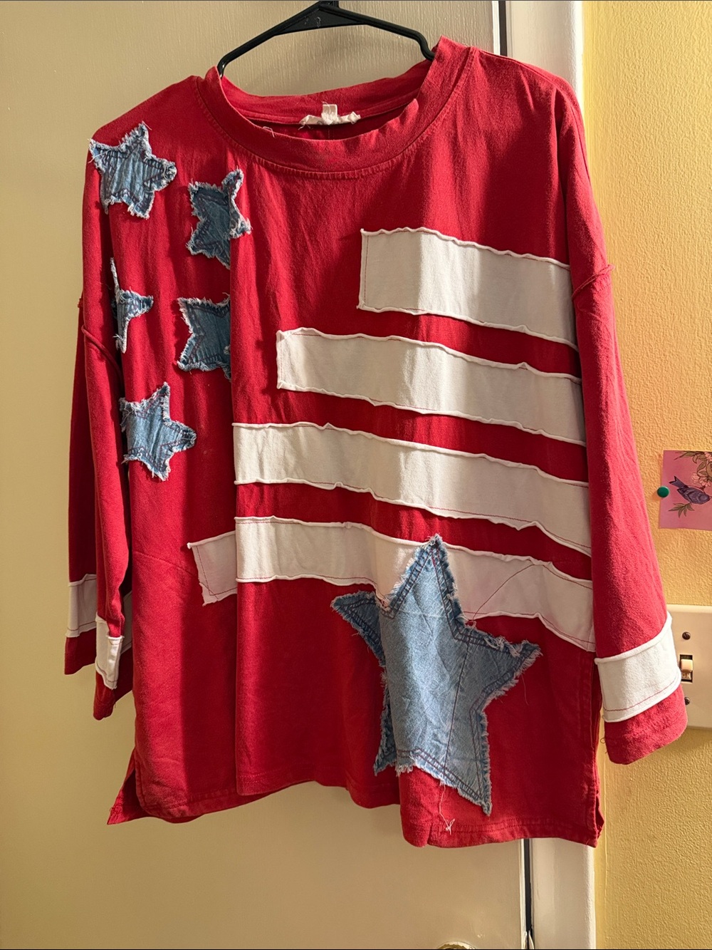 Red top with White Stripes and Denim Star Patches